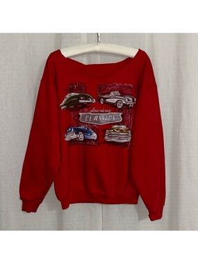 Upcycled L-XL Rare Red American Classic Vintage Cars Print Pullover Sweatshirt